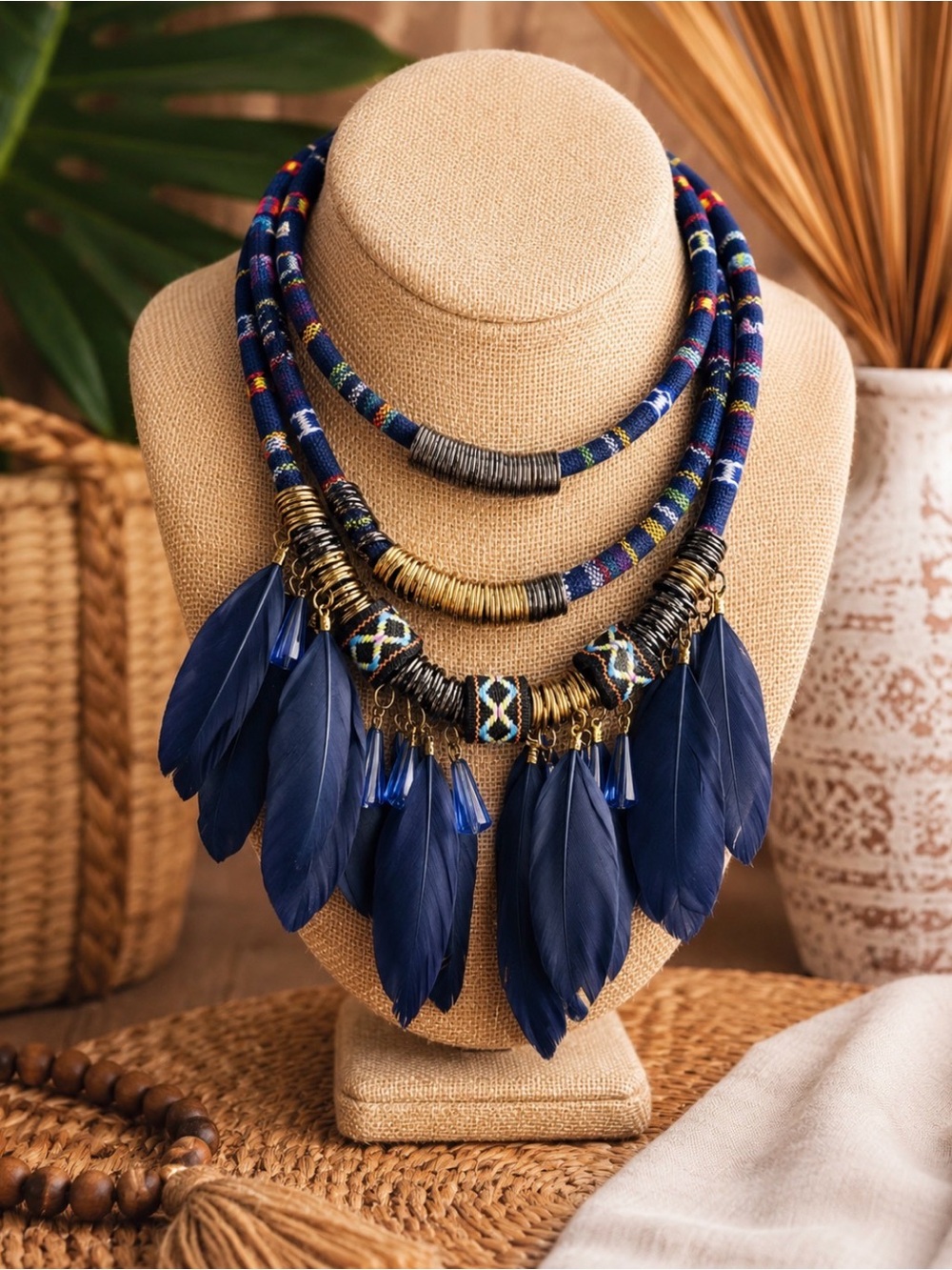 Boho Tribal Navy Feather Bib Festival Resort Statement Necklace